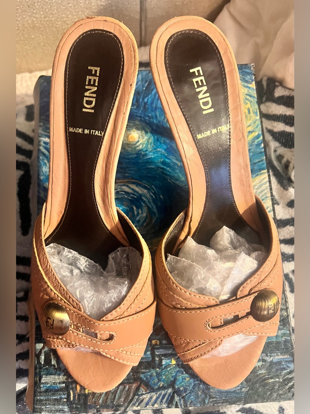 Fendi Peach Leather Open-Toe Mules with Brass-Tone Button